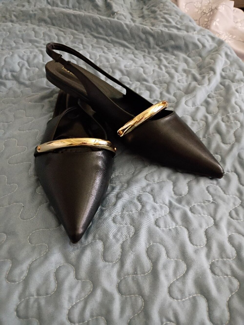Fashion Nova Rem Black Pointed Toe Slingback Flats Gold Hardware Size 11